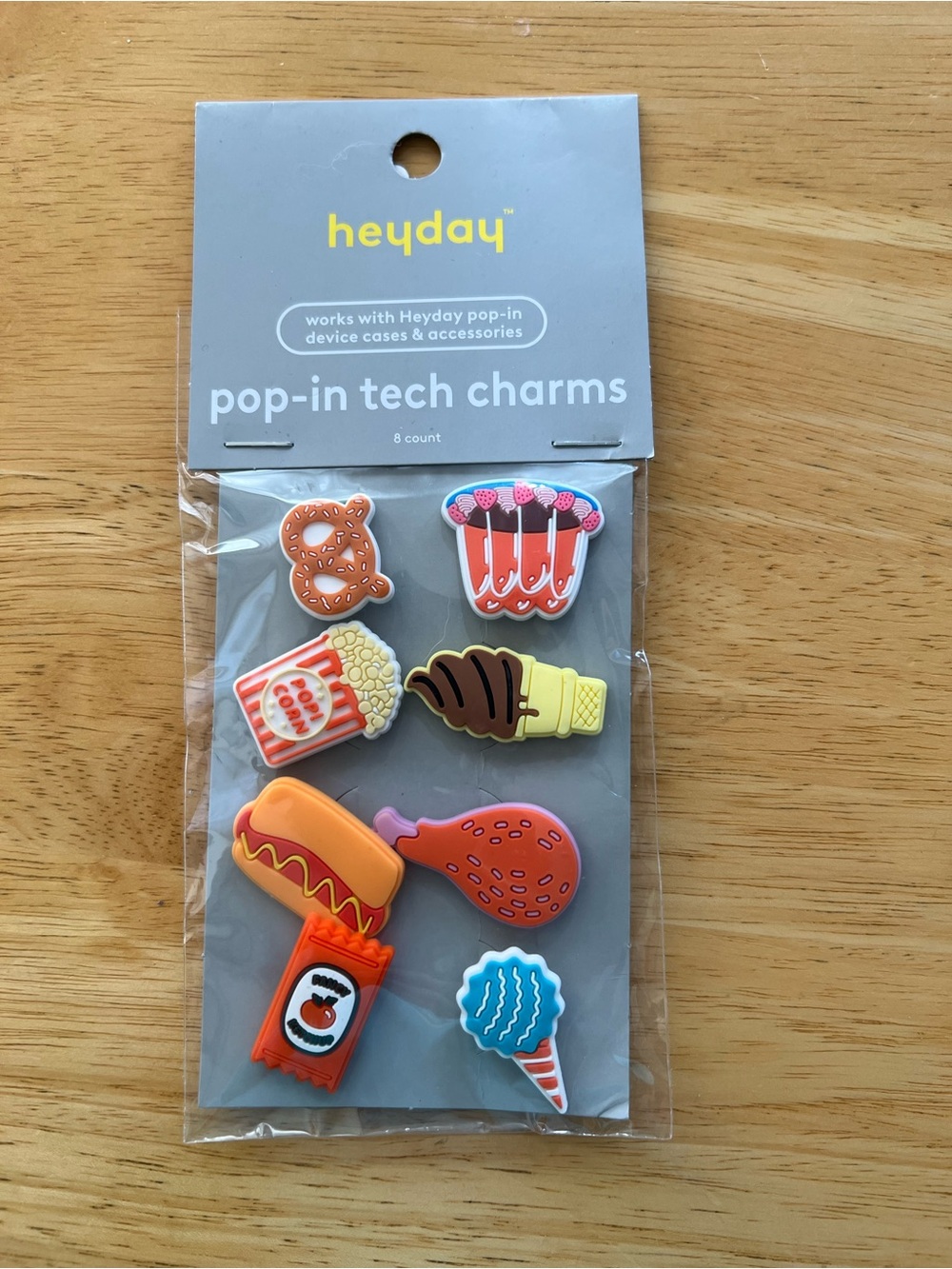 heyday Food-Themed Pop-In Tech Charms in Orange, Blue, Yellow, Brown, Pink